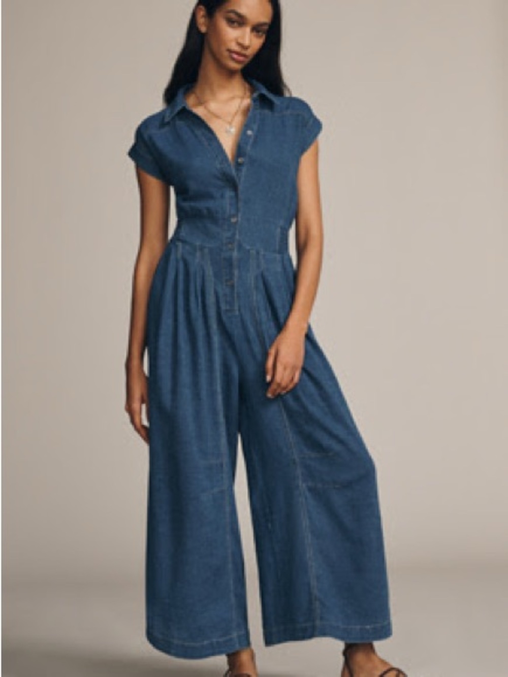 Anthropologie Blue Denim Button-Front Wide-Leg Jumpsuit - TALL